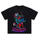 Spider Man Miles Morales Swing Tee featuring neon glitch swing pose and red/blue comic-style design