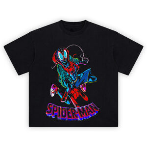 Spider Man Miles Morales Swing Tee featuring neon glitch swing pose and red/blue comic-style design