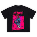 Miles Morales Urban Spidey Tee featuring crouching pose, pink web backdrop, and street style hoodie look