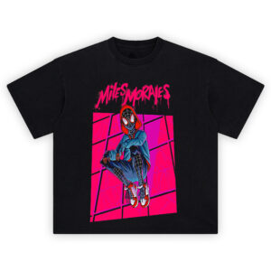 Miles Morales Urban Spidey Tee featuring crouching pose, pink web backdrop, and street style hoodie look