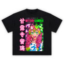 Mitsuri Kanroji graphic tee featuring vibrant manga artwork, neon hair, heart sunglasses, and Japanese kanji text