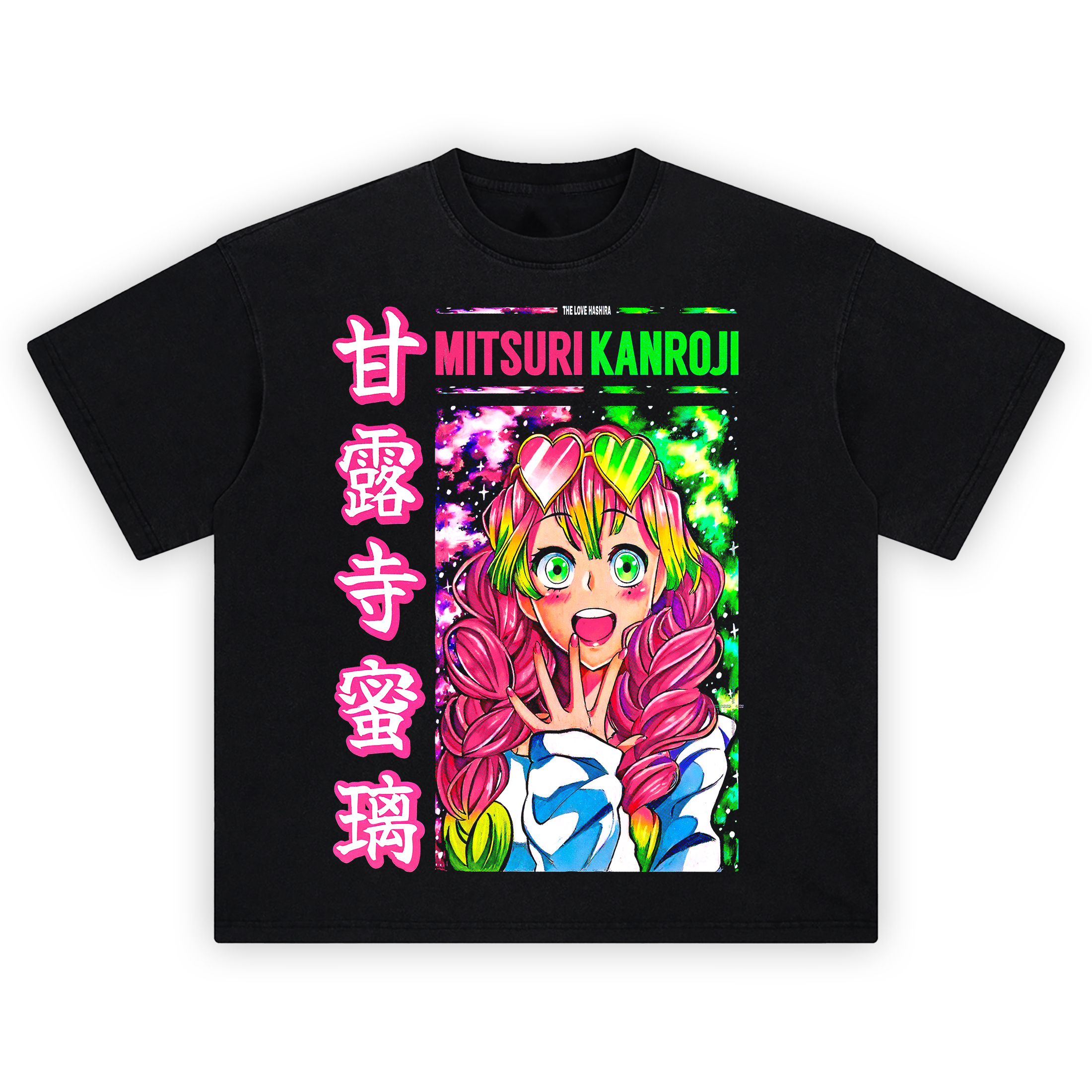 Mitsuri Kanroji graphic tee featuring vibrant manga artwork, neon hair, heart sunglasses, and Japanese kanji text