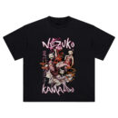 Nezuko Kamado Tee featuring horned transformation, flying ribbons, and manga-style composition