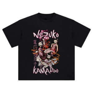 Nezuko Kamado Tee featuring horned transformation, flying ribbons, and manga-style composition