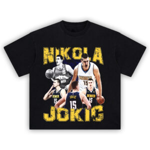 Jokic Denver Nuggets Tee featuring collage of Nikola Jokic in Denver jerseys with intense graphic detail