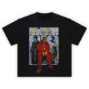 Notorious B.I.G. Big Legacy Stamp tee featuring Biggie in red outfit, grayscale background portraits, and oversized gold-blue text logo