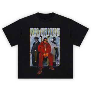 Notorious B.I.G. Big Legacy Stamp tee featuring Biggie in red outfit, grayscale background portraits, and oversized gold-blue text logo