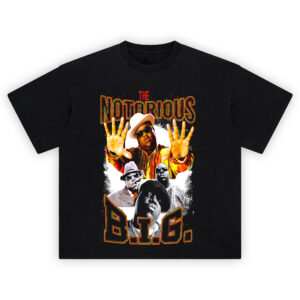 Notorious B.I.G. Icon Legacy tee with bold red “NOTORIOUS” text, Biggie collage in COOGI sweater and fedora, starry background and varsity-style B.I.G.