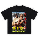 Notorious B.I.G. Memorial Tribute tee featuring multiple Biggie portraits, bold red and gold typography, and classic 90s rap tribute style