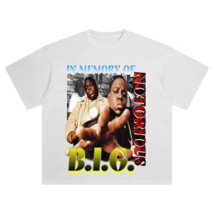 Notorious B.I.G. Memorial Tribute tee featuring multiple Biggie portraits, bold red and gold typography, and classic 90s rap tribute style