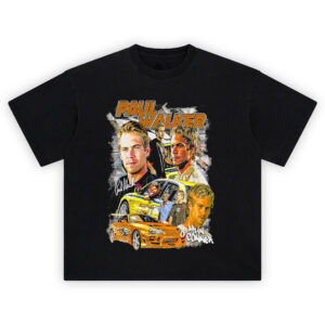 Paul Walker graphic tee featuring collage of Brian O'Conner, Supra, GT-R, and Fast & Furious street racing legacy