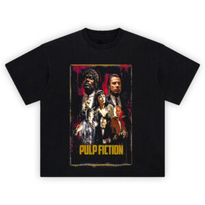 Pulp Fiction All-Star Cast Poster Tee featuring Jules, Vincent, Mia, Butch and others in stylized vintage comic-style art