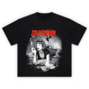 Pulp Fiction Noir Femme Fatale Tee with Uma Thurman in grayscale, red lips and nails, retro crime pulp aesthetic