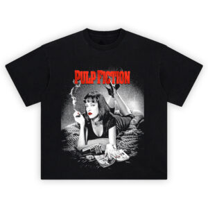 Pulp Fiction Noir Femme Fatale Tee with Uma Thurman in grayscale, red lips and nails, retro crime pulp aesthetic