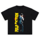 Pulp Fiction Vincent Vega Dance Scene Tee featuring John Travolta dancing in grayscale with bold yellow title and red splatter background