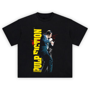 Pulp Fiction Vincent Vega Dance Scene Tee featuring John Travolta dancing in grayscale with bold yellow title and red splatter background