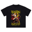 Rengoku Kyojuro Flame Pillar Tee with dual flame poses and bold yellow fire lettering from Demon Slayer