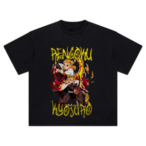 Rengoku Kyojuro Flame Pillar Tee with dual flame poses and bold yellow fire lettering from Demon Slayer