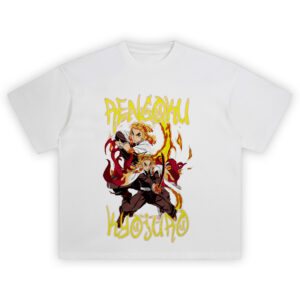 Rengoku Kyojuro Flame Pillar Tee with dual flame poses and bold yellow fire lettering from Demon Slayer