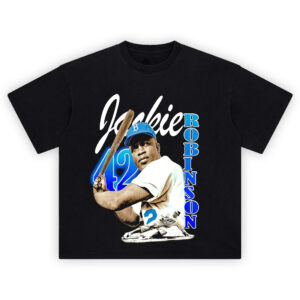 Jackie Robinson 42 Legacy Tee with classic swing pose and vintage blue Dodgers graphic