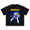 Robotech Veritech Strike Tee featuring the VF-1S Skull Leader bursting from blue energy with yellow accents and bold Robotech logo