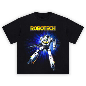 Robotech Veritech Strike Tee featuring the VF-1S Skull Leader bursting from blue energy with yellow accents and bold Robotech logo