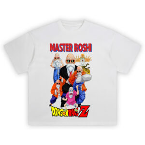 Master Roshi Legacy Tee featuring multiple vibrant Roshi poses with retro DRAGON BALL Z logo