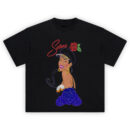 Selena Quintanilla Amor Rosa tee with stylized cartoon portrait, sparkling details, red script name, and violet rose bouquet graphic