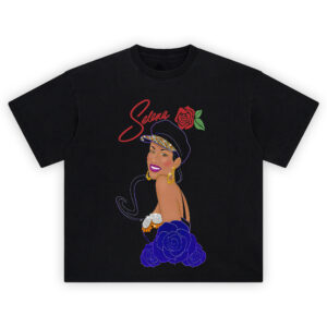 Selena Quintanilla Amor Rosa tee with stylized cartoon portrait, sparkling details, red script name, and violet rose bouquet graphic