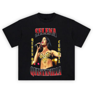 Selena Quintanilla Queen of Cumbia tee featuring Selena singing in her gold bustier, bold red and yellow tribute text