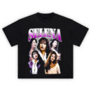 Selena Quintanilla Radiant Icons Tee featuring five portraits, pink gradient “Selena” text, and vintage fan tribute collage design