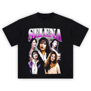 Selena Quintanilla Radiant Icons Tee featuring five portraits, pink gradient “Selena” text, and vintage fan tribute collage design