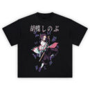 Shinobu Kocho graphic tee featuring butterfly sword pose, pastel colors, Japanese kanji, and graceful Demon Slayer design