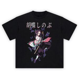 Shinobu Kocho graphic tee featuring butterfly sword pose, pastel colors, Japanese kanji, and graceful Demon Slayer design