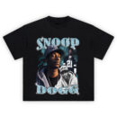 Snoop Dogg Chrome Era tee with West Coast rapper collage, blue lightning aura, cracked chrome text, and classic hip-hop hoodie look