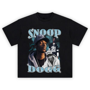 Snoop Dogg Chrome Era tee with West Coast rapper collage, blue lightning aura, cracked chrome text, and classic hip-hop hoodie look