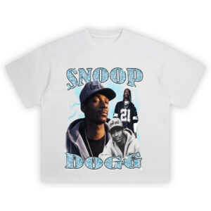 Snoop Dogg Chrome Era tee with West Coast rapper collage, blue lightning aura, cracked chrome text, and classic hip-hop hoodie look