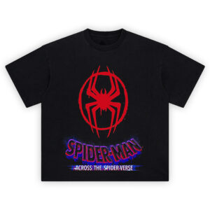 Spider-Verse Miles Tee with red spray-painted spider logo and glitch-style Spider-Man Across the Spider-Verse text