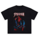 Spider Man Web Sling Tee with cinematic crouch pose and detailed suit print on black background