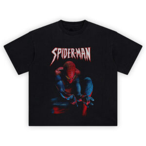 Spider Man Web Sling Tee with cinematic crouch pose and detailed suit print on black background