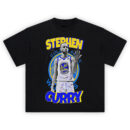 Stephen Curry Lightning Reign tee featuring hand-check pose, Warriors logo, lightning bolts, and bold gold-and-blue lettering