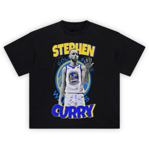 Stephen Curry Lightning Reign tee featuring hand-check pose, Warriors logo, lightning bolts, and bold gold-and-blue lettering