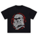 Imperial Stormtrooper Helmet Tee design with distressed helmet and red Galactic Empire crest background
