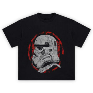 Imperial Stormtrooper Helmet Tee design with distressed helmet and red Galactic Empire crest background
