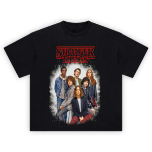 Stranger Things Cast T-Shirt with full group portrait of Eleven, Mike, Dustin, Lucas, Will, and Max