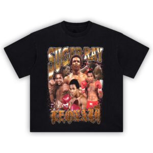 Sugar Ray Leonard Graphic Tee with vintage boxing collage and classic red glove imagery