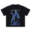 The Terminator Motorcycle T-Shirt featuring T-800 riding a motorcycle in blue neon style with retro sci-fi glow