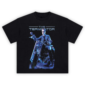 The Terminator Motorcycle T-Shirt featuring T-800 riding a motorcycle in blue neon style with retro sci-fi glow