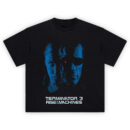 Terminator 3 Rise of the Machines T-Shirt featuring half T-800 and half T-X face in icy blue graphic design