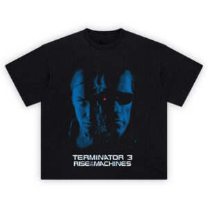 Terminator 3 Rise of the Machines T-Shirt featuring half T-800 and half T-X face in icy blue graphic design